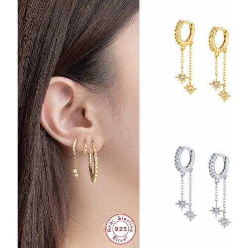 S925 Sterling Silver Bling Zircon Anise Star Hoop Earring for Women Round Circel Chain Huggie Earrings Pendientes Oorbellen