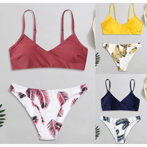 Sexy Bandeau Women Leaves Floral Random Print Bikini Set Push-Up Swimsuit Beachwear Padded Separate Swimwear купальники женские