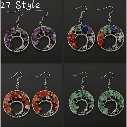 Crystal Dangle Earrings for Women Round Tree of Life Ear Drop Natural Chip Stone Earrings Bead Reiki 7 Chakra Healing Jewelry