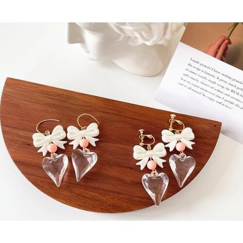 Fresh Transparent Love Pendant Earrings Bowknot Ear Hook Sweet Earrings Japan and South Korea Small Female Non-pierced Ear Clip