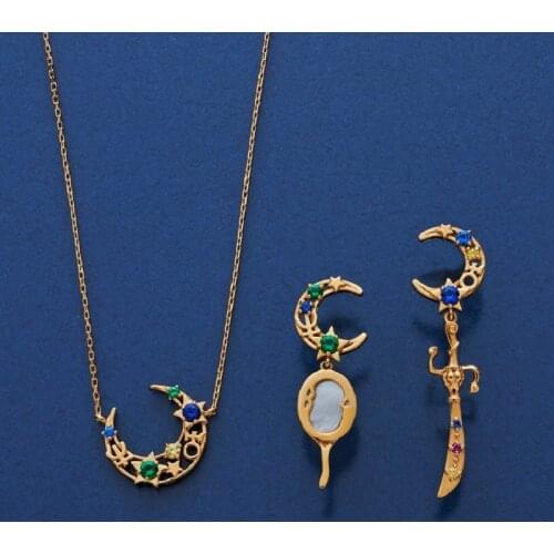 Japan Anime Moon Shape Necklace Sailor Uranus Neptune 925 Sterling Silver Pendant Cosplay Props Women Jewelry Gift