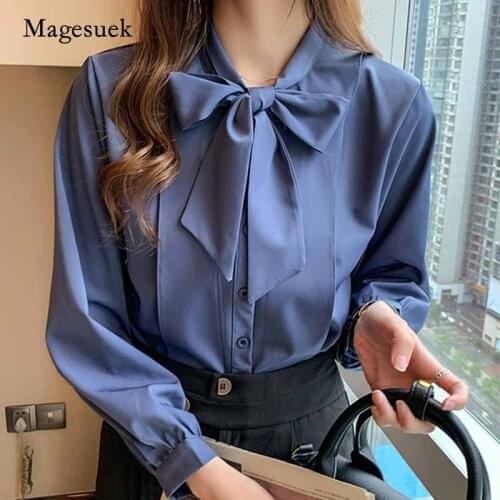 2020 New Style Top Blue Lantern Long Sleeve Womens Blouse Blusa Bow Tie Ladys Shirt Autumn Single-breasted Chiffon Shirt 10693