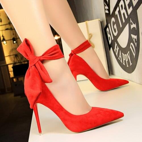 Spring Autumn Women Shoes Pointed Toe Pumps 10.5CM Thin Heels Wedding Dress Flock Word Band Bow tie High Heels Boat Shoes