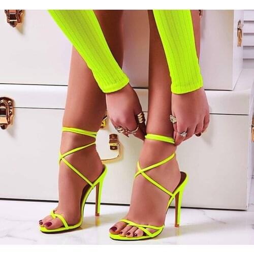 2021 European Summer Sandals Candy Color Point Toe Lace Ankle Strap Party High Heels Pumps 11.5cm High Thin Heel Sandals Lady