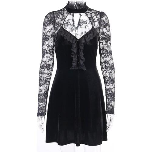 Vintage Sexy Hollow Out Black Dress Gothic Velvet High Waist Mini Dress Ladies Elegant Ruffle Party Night Autumn Dress
