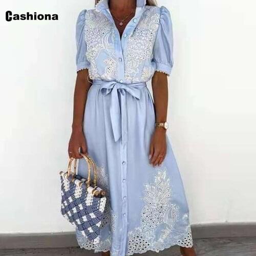 Cashiona Women Fashion Long Maxi Dress 2021 Patchwork Shshes Lace Flower Dresses Plus size 3xl Female Single Breasted Dress