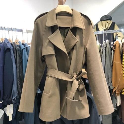 2019 Korean New Autumn and Winter Temperament Belted Woolen Coat Slim Short Suit Double-breasted Wool Blend Coat Jaqueta f2399