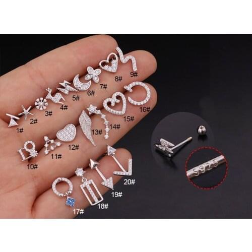 1PC S925 Silver Ear Cartilage Helix Star Moon Screw Back Earring Stud Cz Tragus Rook Conch Helix Piercing Jewelry