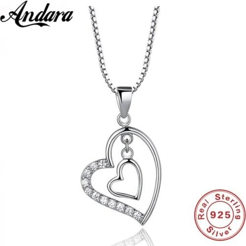 100% Silver 925 Jewelry Necklace Heart Shaped Zircon Pendant Necklace Chain Length 45cm