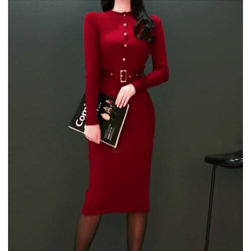 2020 Drop Ship Winter Female Sweater Dress Women Pullover Long Sleeves Warm Slim Sweater Knitted Dress With Belt