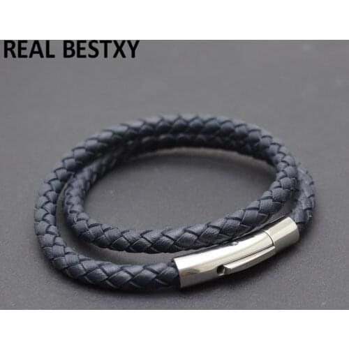5pcs/lot custom logo 2020 Fashion Men Jewelry navy color Genuine Leather Bracelet Stainless Steel Magnetic Clasp Bracelet Men