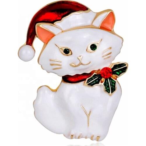 50pcs/lot 32*50mm Fashion Jewelry Gold Tone Cute Christmas Kitty Cat With Hat Brooch Pin Red White Enamel Animal Brooch Pin