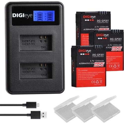 3Pcs 1250mAh AHDBT-301 302 Batteries for GoPro Hero 3 + LCD Dual USB Charger for GoPro Hero 3 Hero 3+ Hero3 Camera