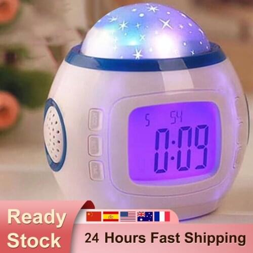 Unique Alarm Clock Children Baby Room Music Starry Sky Projection Night Light Projector Color Change Bedside Lamp Clock