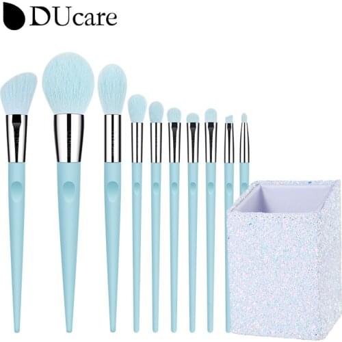 DUcare 10PCS Blue makeup brushes full set of large powder blush eye shadow makeup brushes highlighter makeup tools with pen hold