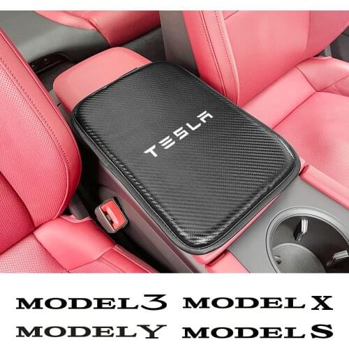 Leather Car Armrests Storage Cushion Cover Pad For Tesla Model 3 X S Y P100D Carbon Fiber Protective Pad Car Accessories