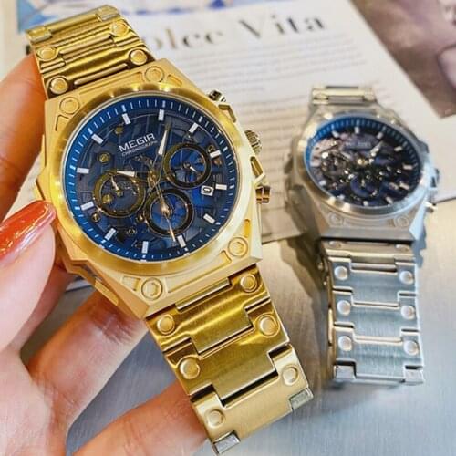 MEGIR 2021 Gold Blue Stainless Steel Mens Watches Top Brand Luxury Waterproof Quartz Sports Wrist Watch Man Clock Wristwatches