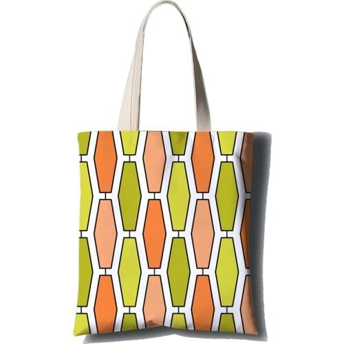 Fashion Geometry Printed Casual Tote Canvas Beach Bag Cartoon Meow Illustration Tote Bag For Women Reusable Shopping Bag