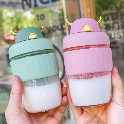 Cartoons Simplicity Straw Cup Creativity Personality Small Horns Glass Silicone Anti Leakage Scald Lnsulation Accompanying Cup