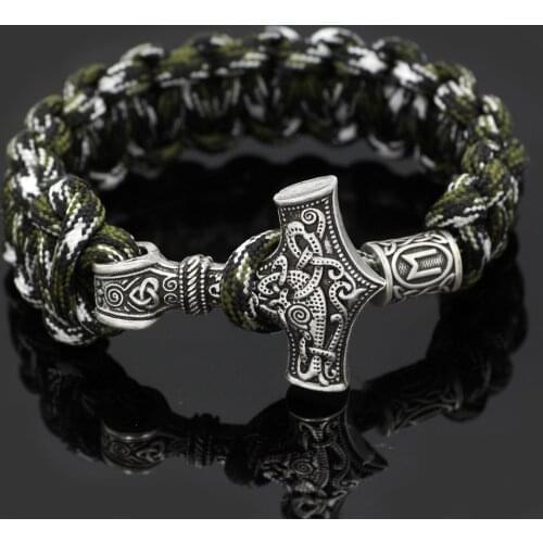 Men Military Camouflage Viking Thor Hammer Rune Knot Amulet Scandinavian Beads Paracord Bracelet with Viking Gift Bag 23 -26 Cm