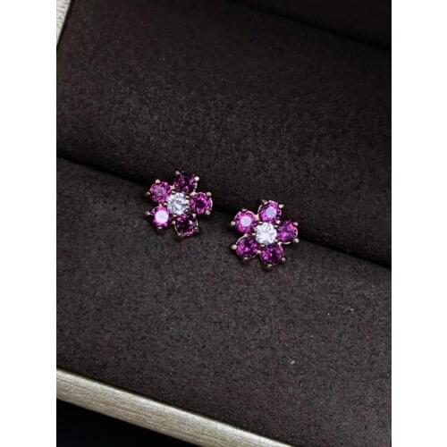 Natural red garnet gem stud earrings Natural gemstone earrings Flowers Plum blossom S925 silver women wedding gift fine jewelry
