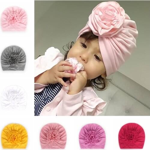 Nishine New Baby Girls Crepe Flower Turban Hats Kids Newborn Bonnet Caps Children Knitted Headwear Photo Props Hair Accessories