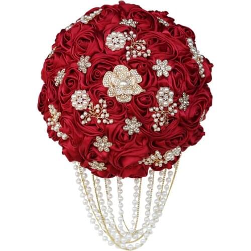 2020 New Bride Wedding Hand Bouquet Rhinestone Pearl Pendant Bridesmaid Bridal Bouquet Milky White Wine Red Custom Color W2226