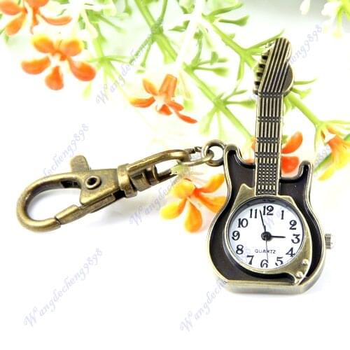Novelty Unique Retro Quartz Guitar Design Pocket Watch Keychain Key Ring Trinket car key ring car key ring For Women Men