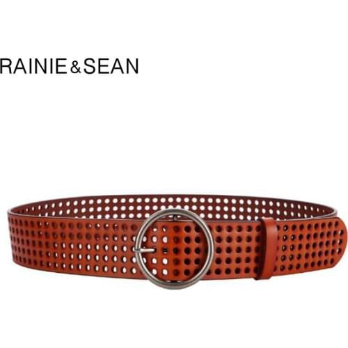 RAINIE SEAN Real Leather Ring Belt Women Cummerbunds Wide Pin Belts For Dresses Ladies Mesh Brown Leather Cowhide Designer Belt