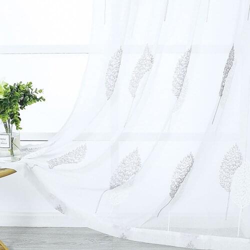 Blue Leaves Tulle Curtains for Living Room Bedroom ,Sheer Curtains for Kitchen Modern Embroidered Window Screening Customize