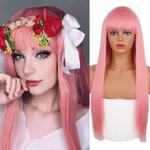 Long straight pink wig with bangs synthetic hair wig female wig pink heat-resistant wig