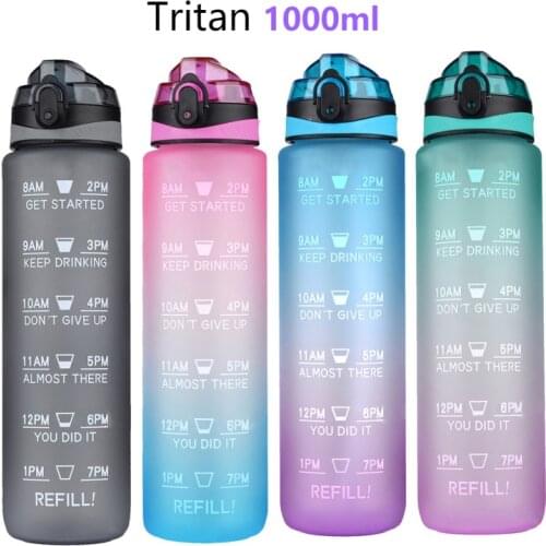 1000ML Straw Sports Water Bottles With Time Marker Leakproof BPA Free Drinking Cup Tritan Hiking Gym Climbing Camping Bottle