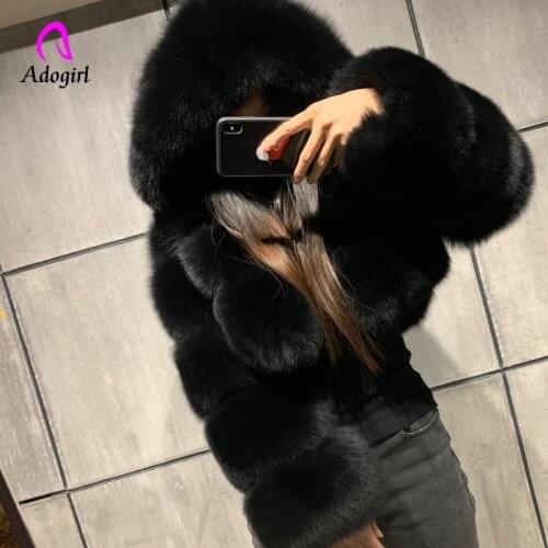 Warm Thick Furry Fur Women Winter Faux Fox Fur Crop Jacket Elegant Coats Fluffy Top Parka Coat with Hooded Manteau Plue Size 6XL