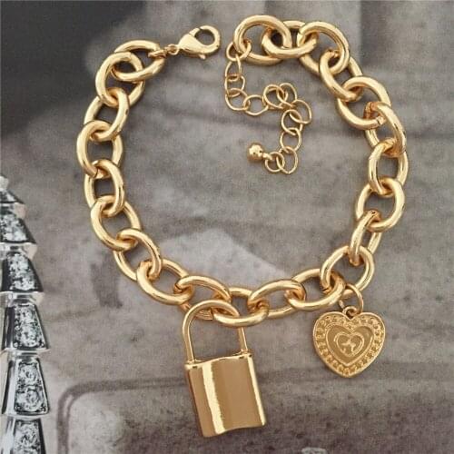 Trendy Gold Color Plating Lock Heart Engraved Charm Chunky Bracelet For Women Girl Elegant Casual Bohemia Modern Fashion Jewelry