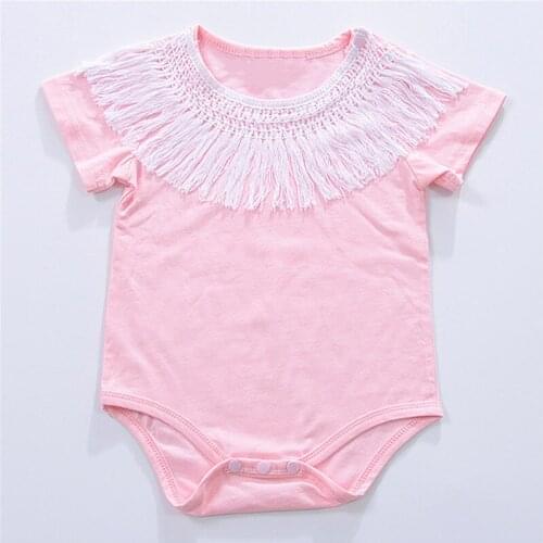Triangle climb clothes for 0-24M Pink Infant Baby Girls Boys Clothes Solid Short Sleeve O-Neck Tassels Romper Playsuit