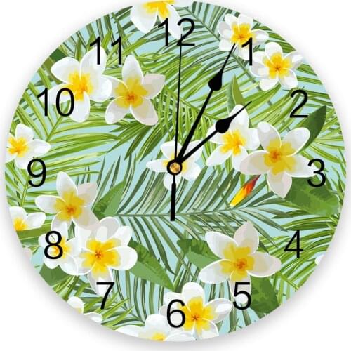 Tropical Palm Leaves Flowers Green Silent Decorative Wall Clock Digital Clock Operated Round Home Office School Clocks
