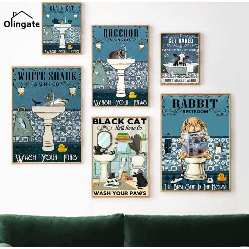 Bathroom Slogan Get Naked Quote Picture Print Black Cat Shark Rabbit Raccoon Canvas Poster One Piece Wall Art Toilet Home Decor