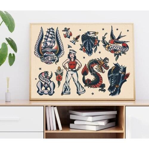 Vintage Sailor Tattoos Print Vintage Poster Gift for Men Marines Ship Retro Wall Art Picture Canvas Painting Man Cave Decor