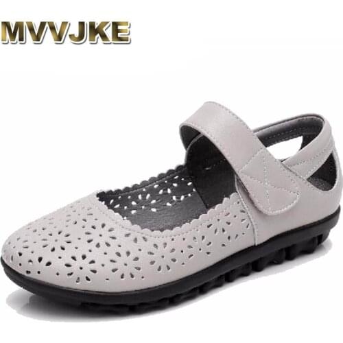 MVVJKE Women Hollow Shoes 2018 Genuine Leather Casual Flats Sandals Round Toe Soft Female Shoes Footwear Plus Size 34-43 E192