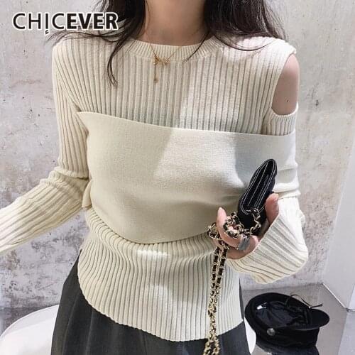 CHICEVER Korean Sweater For Women O Neck Long Sleeve Loose Oversized Hollow Out Patchwork Knitted Sweaters Female 2020 Clothing