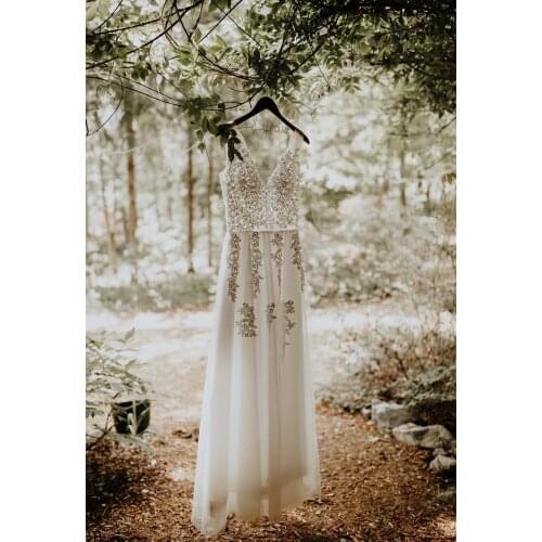 FATAPAESE A-line Floor-length Tulle Wedding Dress With Appliques V Neck Lace Long Bridal Gown Robe De Soiree Chiffon Bride Cloth