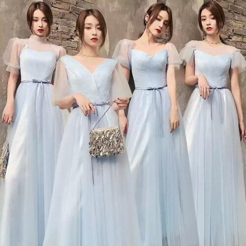 Bridesmaids Dresses Illusion A-Line Short V-Neck Pleat Lace Tulle Floor-Length Luxury Blue Vintage Women Wedding Party Gown E572