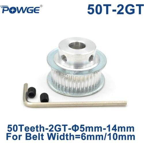 POWGE GT 50 Teeth 2M 2GT Timing Pulley Bore 5/6/6.35/7/8/10/12/14mm for GT2 Open Synchronous belt width 6/10mm wheel 50Teeth 50T