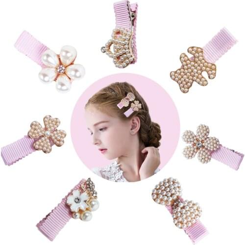 1 Pcs Princess Baby Hair Clips Crown Pearls Flower Kid Hairpins Pearl Bows Girls Headwear Kids Headdress Hair Accessories