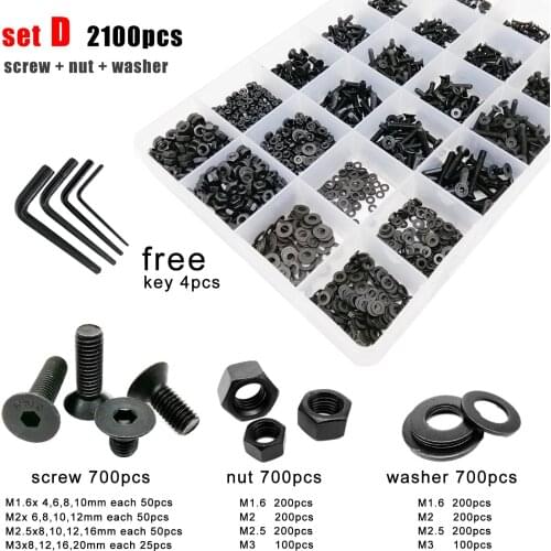 400/2100 M1.6 M2 M2.5 M3 M4 Black Grade 10.9 Steel Hexagon Hex Socket Flat Countersunk Head Screw Bolt Nut Washer Assortment Kit