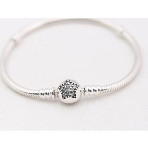 Authentic 925 Sterling Silver Sparkling Star With Crystal Bracelet Bangle fit Lady Bead Charm Pendant DIY Jewelry