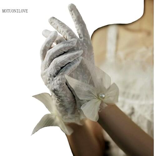 White Bride Gloves Bow Pearl Sun Protection Short Lace Gloves Wedding Accessories Party Prom Performance Women Bridal Gloves