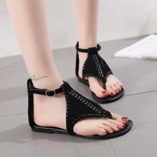 TELOTUNY sandals Vintage Women Breathable Hollow Woven Buckle Strap Flat Sandals Slippers Summer Outdoor Beach Flip-flop Sandals