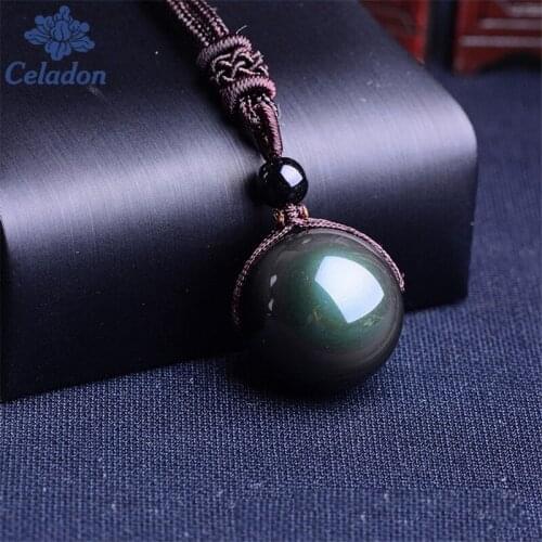 1pc 16mm Black Obsidian Rainbow Eye Beads Ball Natural Stone Necklace Pendant Transfer Fashion Jewelry For Women Men