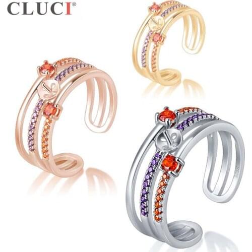 CLUCI 925 Sterling Silver Adjustable Zircon Ring for Women Silver 925 Pearl Ring Mounting Open Ring Jewelry SR2195SB